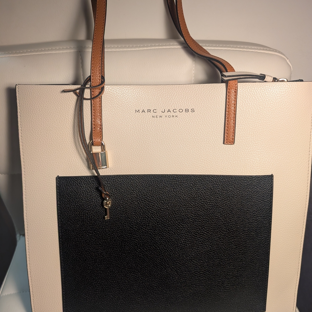 Marc Jacobs New York Cream and Black Tote Bag with Tan Straps